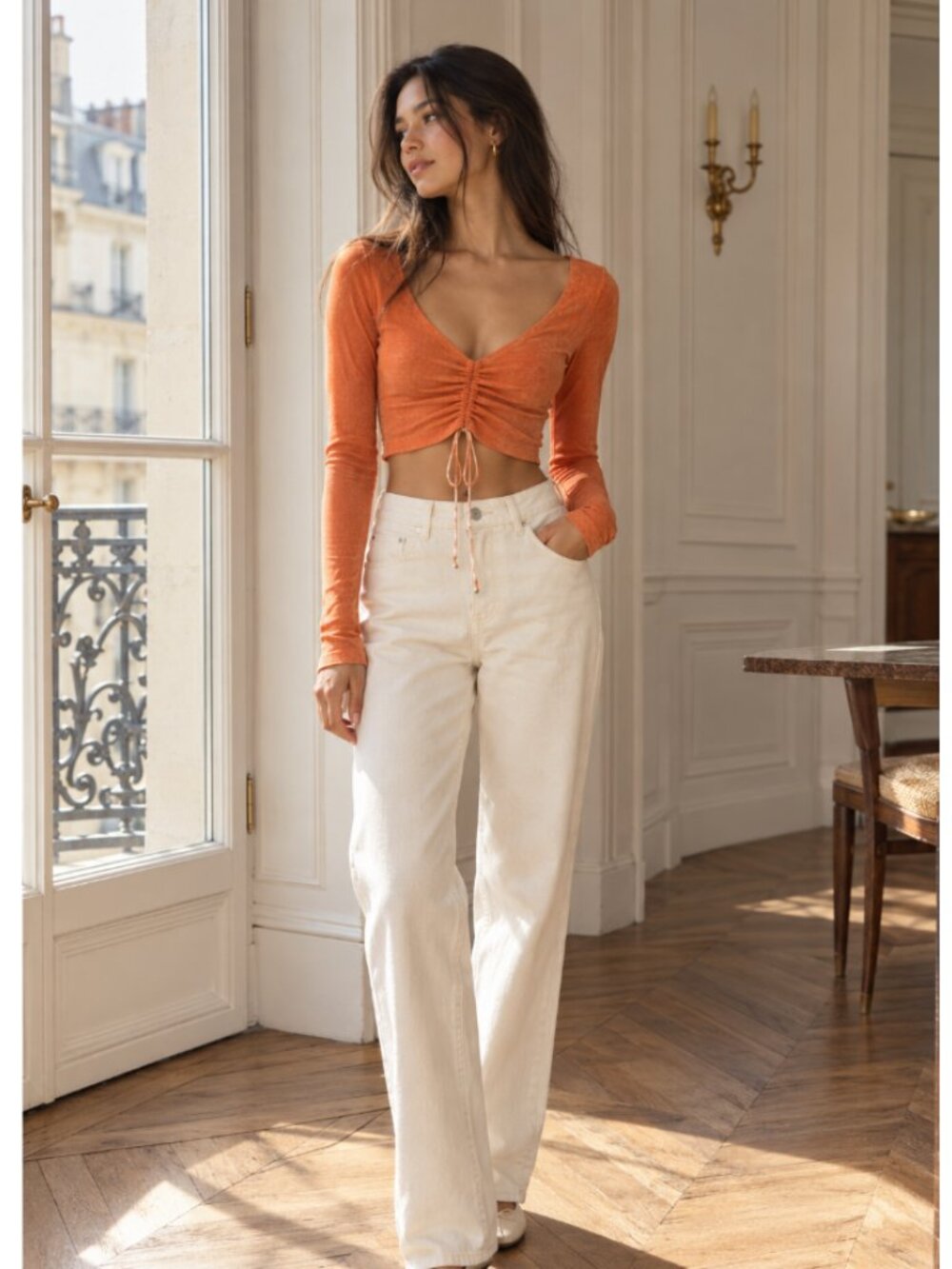 ☀️ PRINCESS POLLY Orange Long Sleeve Crop Top Ruched Shimmer Vibrant Size 0